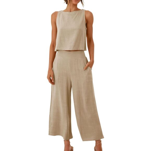 2 Piece Cotton Linen Sleeveless Crop Tank Wide Leg Pant Set Sz M - Picture 1 of 6
